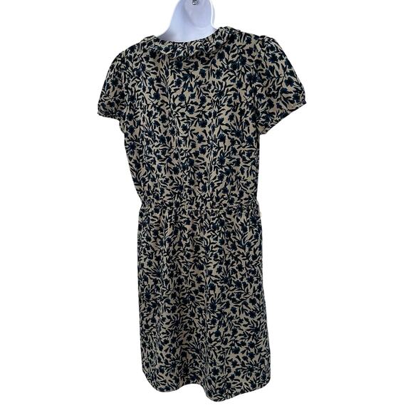 Ann Taylor LOFT Tan/Blue/Black Knee Length Floral Dress WMNS M Ruffle Tie Neck - Picture 5 of 12